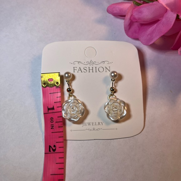 Pierced Drop Earrings. Pearlescent White Rose withI Imitation Pearl. - Picture 3 of 9